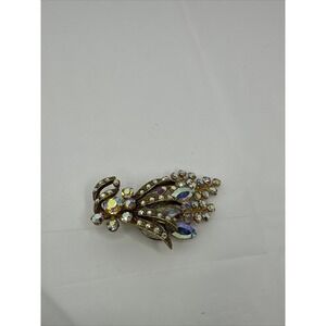 Vintage Selini Brooch Clear Stone Iridescent Rhinestones Gold Tone